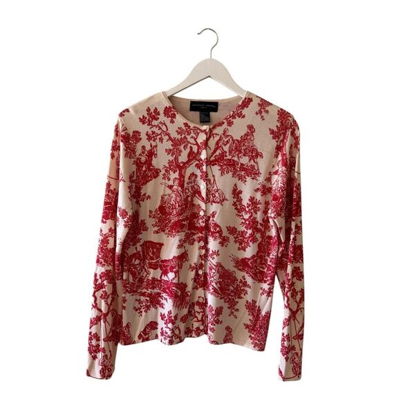 August Silk Knit Button Down Lightweight Red Cream Casual Luxury Cardigan  SZ L - Picture 1 of 15